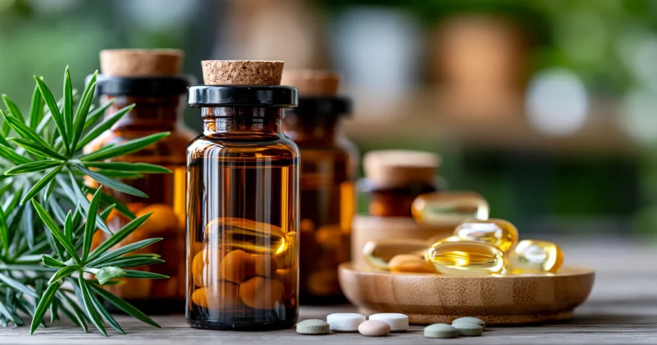 tchitcha. Close up of brown glass supplement bottles with cap 2e1aeab1 813e 42a6 b642 13b542de6596 3 pour naturopathe Paris